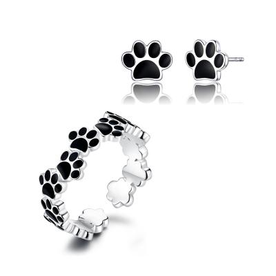 China Long Color Keeping Fashion S925 Sterling Silver Dog Paw Ring Earrings Jewelry Set For Girls for sale