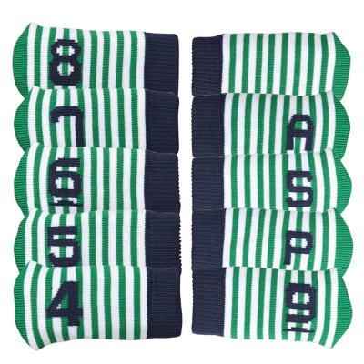 China 10PCS/Set Golf Iron Head Cover Soft Knitted Stretch Iron Cover 4 5 6 7 8 9 Pw Switch AW White Green Stripes For Golf Irons Iron Cover for sale