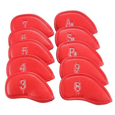 China 10PCS/Set Golf PU Iron Head Cover Red Leather 3 Iron Cover 4 5 6 7 8 9 Pw AW Switches For Golf Iron Club Iron Cover for sale