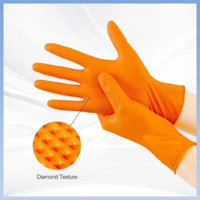 China De oranje Beschikbare Handschoenen van het Nitrilwerk poederen Vrij Diamond Texture Industrial Nitrile Gloves Te koop