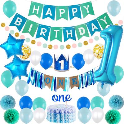 China Promotional Toy Happy Birthday Party Balloons Set Blue Birthday Balloons Set With Paper Pom Pom Blue for sale