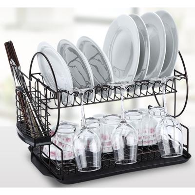 China Stocked 2 Tier Dish Drying Rack with Drainer Dish Drainer for Kitchen Countertop with Utensil Holder, Silver and Bronze for sale