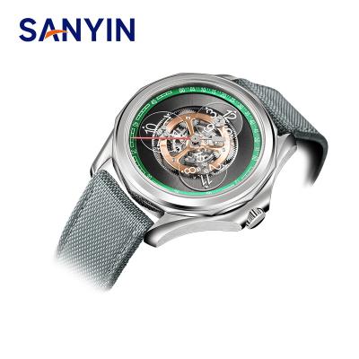 China Power Reserve SANYIN New Own Designer Wandering Hour OEM Metal Self-Winding Custom Tending Automatic Mechanical Watches Wrist For Men for sale