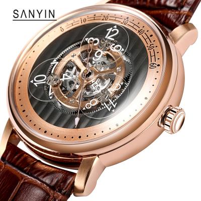 China SANYIN Power Reserve Newer Own Custom Stainless Steel Wandering Wrist Logo Leather Automatic Mechanical Watches OEM Design Hours For Men for sale