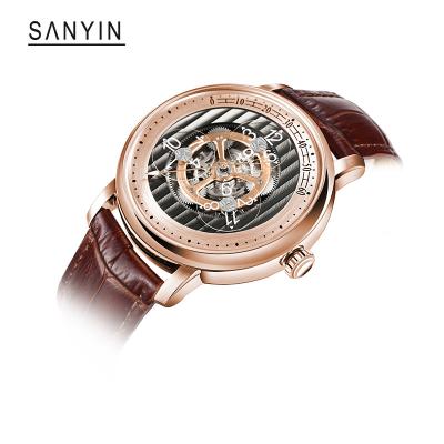 China High Quality Power Reserve SANYIN New OEM Stainless Steel Custom Leather Strap Wandering Automatic Mechanical Wrist Watches For Men for sale