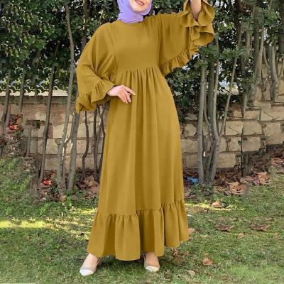 China Washable Arabic Modest Women Muslim Long Maxi EID Ramadan Crew Neck Ruffles Bat Sleeve Dress Abaya Islamic Clothing for sale