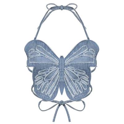 China Y2K babies hippie women jeans butterfly design denim backless halter top anti-shrink vest hippie top women crop top for sale