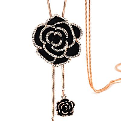 China TRENDY Black Flower Pendant Necklace Long Sweater Necklace Fashion Jewelry For Women Girls for sale