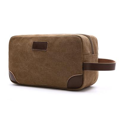 China Custom Travel Use 1CS0376 Dopp Case Makeup Bag Travel Canvas Toiletry Bag Shaving Cosmetic Bag With Leather Trim for sale