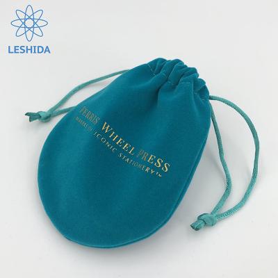 China Recyclable Luxury Small Suede Drawstring Bag Green Color Logo Gold Gift Velvet Cosmetic Bag Jewelry Pouch With Hot Stamping for sale