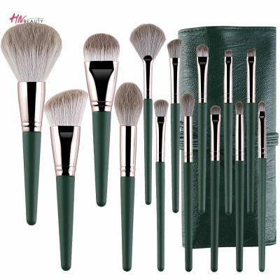 China Angular Blush Green Makeup Brushes Soft Makeup 14Pcs Brush Set Beauty Tool Green Cosmetic Makeup Brushes With Bag Roller Case for sale