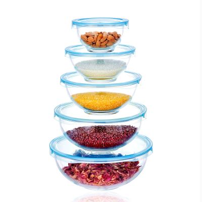 China 5 Sets Viable Glass Mixing Bowl Round Fruit Salad Food Prep Serving Glass Bowl for sale