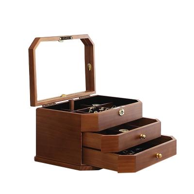 China Multifunctional Hexagon Jewelry Watch Organizer Solid Wood Box Handcrafted Three Layers for sale