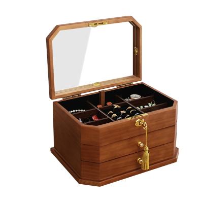 China Full pine extraction layer velveteen handcrafted jewelry box of three full layer lock necklaces for sale