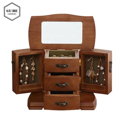 China Solid Wood Jewelry Storage Box Double Side Door Storage Necklace Brownish Red Exquisite Ornaments Ring Bracelet Watch Collect for sale