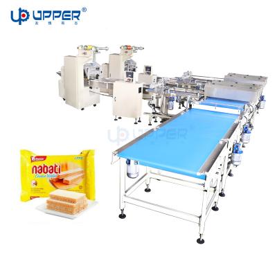 China Food Delivery Line Hamburger Toast Meat Roll Snack Wafer Channel Packing Line Double Plastic Bag Flow Packaging Machine for sale