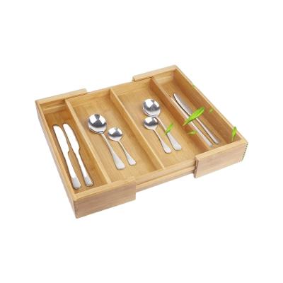 China Sustainable Bamboo Dish Rack Cutlery Tray Adjustable Drawer Organizer Box Kitchen Utensils Container for sale