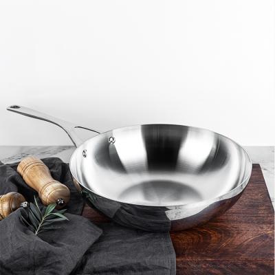 China Most Popular Design 30cm Durable Trifold Stainless Steel 304 Wok Chinese Wok Pan with casted handle for sale