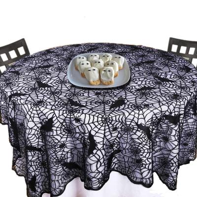 China Black Round Spider Web Tablecloths Halloween Jacquard Lace Bat Spider Party Table Cover for sale