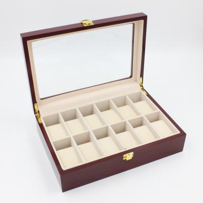 China 12 Slots Handmade Wooden Watch Storage Box With Clear Window Vintage Watch Box Wood Red Wine Watch Display Case for sale