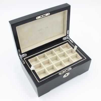 China Black Eco-Friendly Luxury Piano Lacuqer Cufflink Case Storage Glossy Cufflink Display Double Layer Wooden Cufflink Box for sale