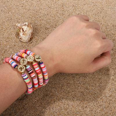 China African Bohemian Polymer Clay Disc Vinyl Heishi Bracelets Round Gold Letter Bangles For Women Men Strand Friendship Hand Elastic Jewelry for sale