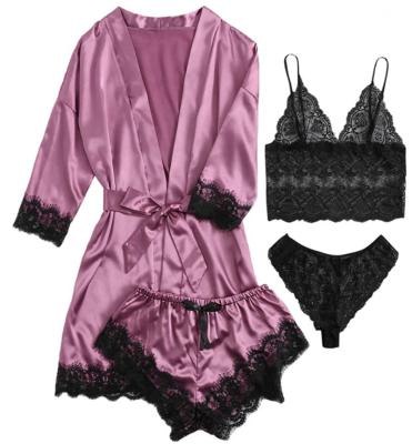 China High Quality Soft Bad Monkey Sexy Women Four Piece Pajamas Set Victorias Silk Pajamas Secreted Silk Nightgowns Lace Long Robe Sexy Set for sale