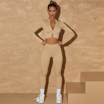 China Breathable Workout Clothing 2 Pieces Long Sleeve Yoga Legging Sets Gym Clothes Seamless Tracksuits With Zipper for sale