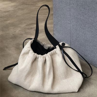 China Fashion Contrast Color Women Handbag Drawstring Canvas Ladies Shoulder Bag Large Capacity Travel Bags for sale