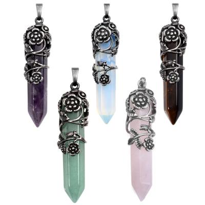 China CLASSIC 5 Pieces Antique Silver Flower Wrapped Natural Amethyst Healing Crystal Necklace For Women Girls for sale