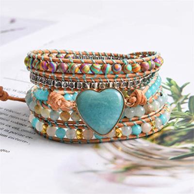 China Hot Sale Leather Handmade Natural Stone Crystal Bead Wrap Bracelets Fashion Bracelet Jewelry Boho Collection for sale