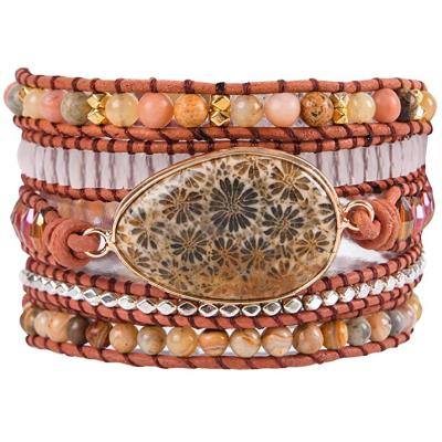 China Hot Sale Leather Handmade Natural Stone Crystal Bead Wrap Bracelets Fashion Bracelet Jewelry Boho Collection for sale