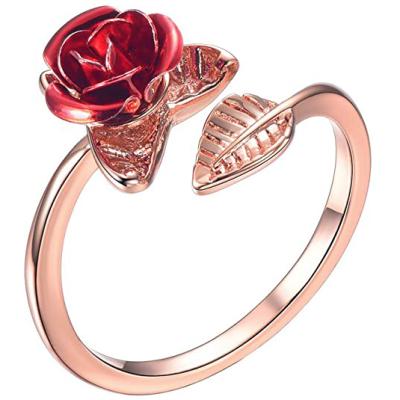 China Fashion Bangle Jewelry Rose Flower Ring 18K Gold Plated Floral Leaf Red End Wrap Open Rings For Women Girls, Silver Gold Rose Gold Color for sale