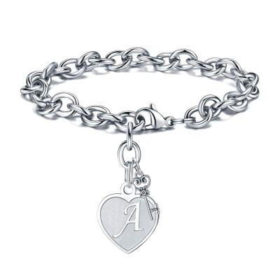 China Fashion Bangle Jewelry Heart Initial Bracelets For Women Gifts Engraved 26 Letter Charms Bracelet Stainless Steel Initial Bangle Birthday Gift for sale