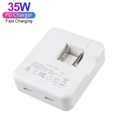 China USB C USA Plug Mobile Phone ETL 35W Dual Wall Charger Cube 2 USB-C Foldable Power Adapter Charger for iPad iPhone 12 13 pro for sale