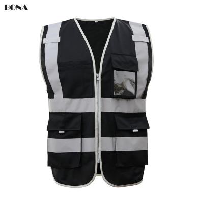 China Black high quality high quality custom color printing logo visibility safety reflective vest with pockets EN20471 and CE standard, reflective clothing for sale