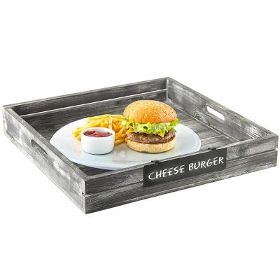 China Home Hotel Rastaurant Whitewashed Gray Wood Crate Style Serving Tray With Removable Metal Table Handles And Label for sale