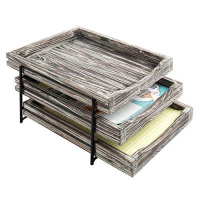 China Sustainable Rustic Burnt 3-Tier Wood and Black Metal Document Organizer with Sliding Trays for sale