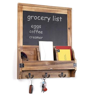 China Sustainable Burnt Wood Wall Mounted Mail Organizer With Chalkboard And 3 Head Hooks for sale