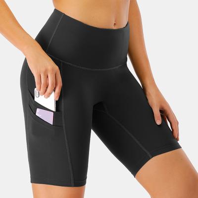 China Breathable Custom Logo High Waisted Black Wide Band Sports Workout Yoga Fitness Biker Shorts Women With Pockets for sale