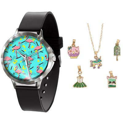 China Cute Fashion.Sport Flamingo 2020 Kids Quartz Watch Jewelry Set Necklace Bracelet Baby Kids Girls Jewelry Set Leather Watches For Girls for sale