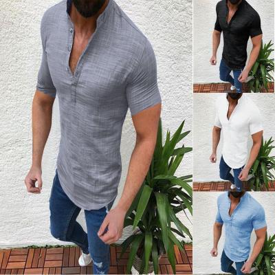 China 2020 New Summer Men's Fashion Cotton Hot Sale Button Down Shirt Sleeve Tangerine Collar Solid Color Canvas Short Tops for sale