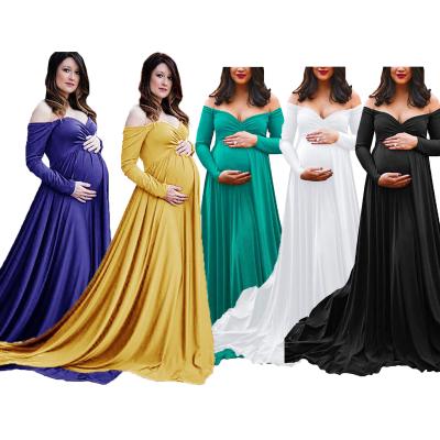 China Anti-Allergy Pregnant Dress Mercerized Cotton Maternity V-Neck Tailcutting Long Skirt Photography Dress Pregnant Women One-Piece Dress for sale