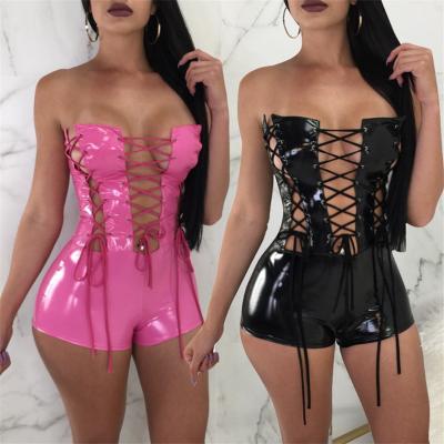 China 2021 Amazon 3colors viable hot sale summer apparel cut out wet leather strappy bodycon wet leather one piece outfit pu short romper overalls for sale