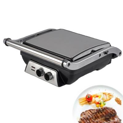 China Size 4 Adjustable Slice Press Maker Electric Panini Grill with Non-Stick Pan and Timing Function and Black Knob for 180 Degree Heating Meat for sale