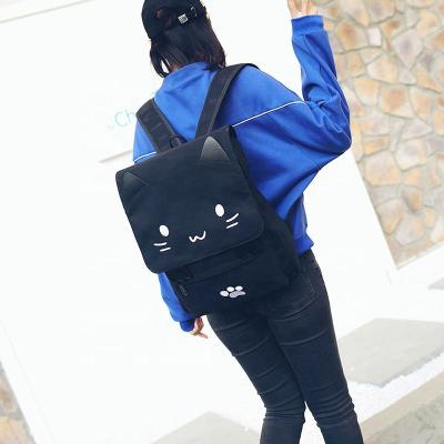 China Cat Embroidery Canvas Student Cartoons Women Leisure School Bag Cute Anti-theft Black Backpack for sale