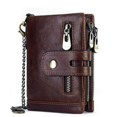 China Colorful RFID 100% Genuine Leather Men Coin Purse Mini Card Holder Portomonee Male Small Wallet Pouch With Lock Holder Belt Chain for sale