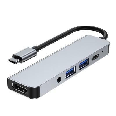 China Muilt function usb c dongle 5 in 1 TYPE C HUB adapter with HDTV USB3.0 3.5mm audio jack palladium charging laptops for sale