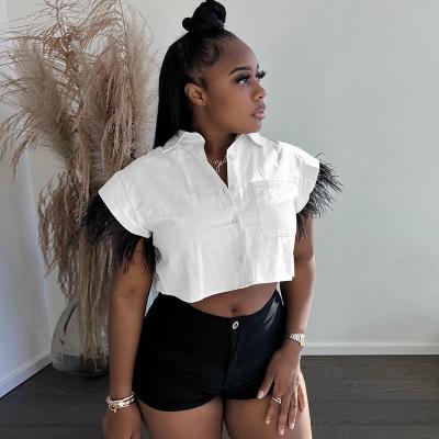 China 2022 New Arrivals Women's Breathable Summer Tops Casual Short Sleeve Crop Top With Feathers Trend Plus Size Women's Blouses And Shirts for sale