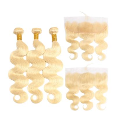 China Blonde Body Wave With Frontal Wholesale Blonde Human Bundles With Frontal Double Cuticle Pulled Aligned Virgin Brazilian Protein Treatment Body Wave Hair for sale